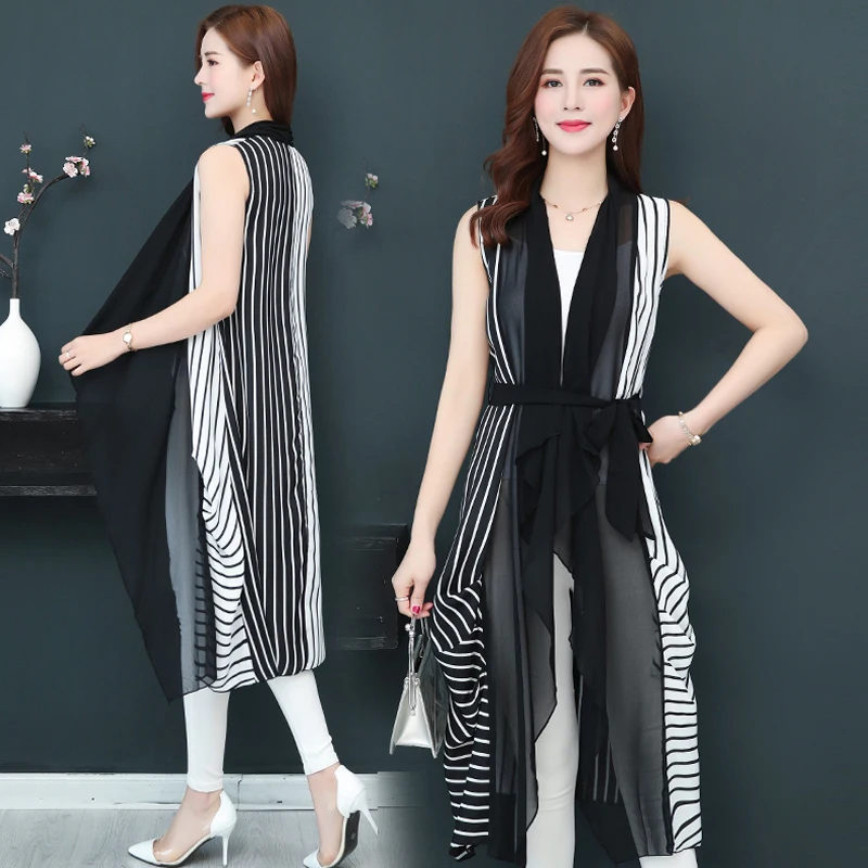 

#0724 Summer Chiffon Vest Waistcoat Asymmetric Kimono Sleeveless Jacket Long Cardigan Waistcoats Thin Black And White Striped