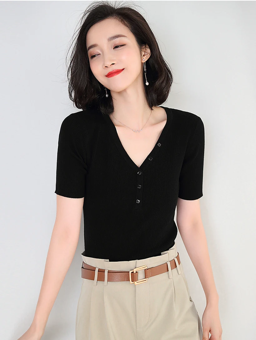 Spring and summer new style Korean women's solid color knitted Chiffon shirt Slim-fit sweater top