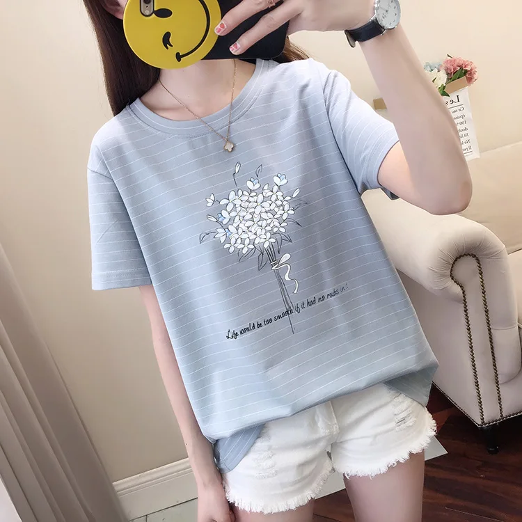 

The new model looks thin in the summer of 2019 female han edition loose printed cotton short sleeve T-shirt