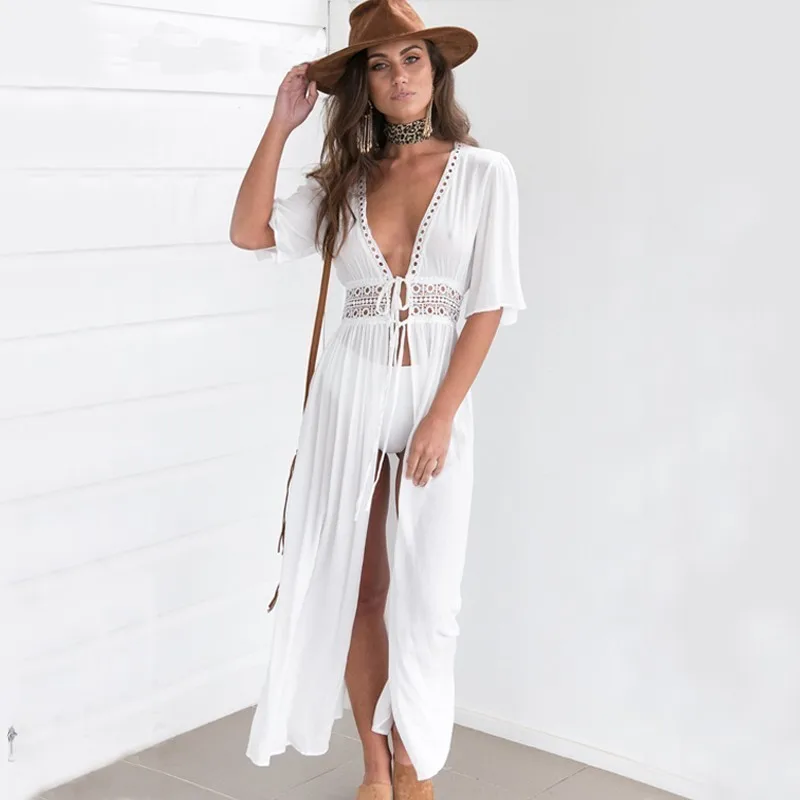 White See Through Hollow Beachwear Long Skirt Cover Up Bandage Sexy ...