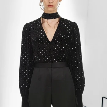 

Runway Velvet Blouses Designer Office Women Black Long Sleeve Polka Dot Shirt Runway Tops