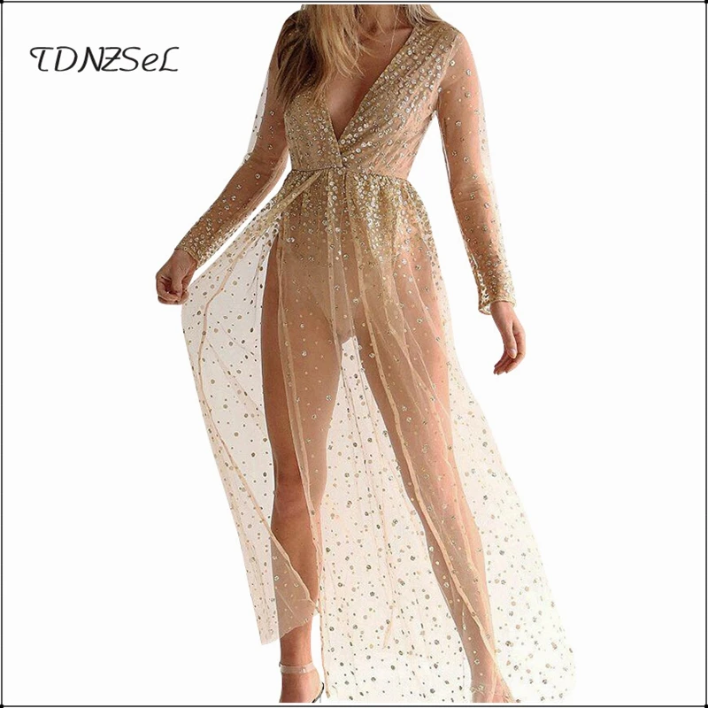 

Women Sexy Voile Mesh See Through Maxi Dress Dot Print Long Sleeve Elegant Deep V High Split Transparent Dress Nightclub Party