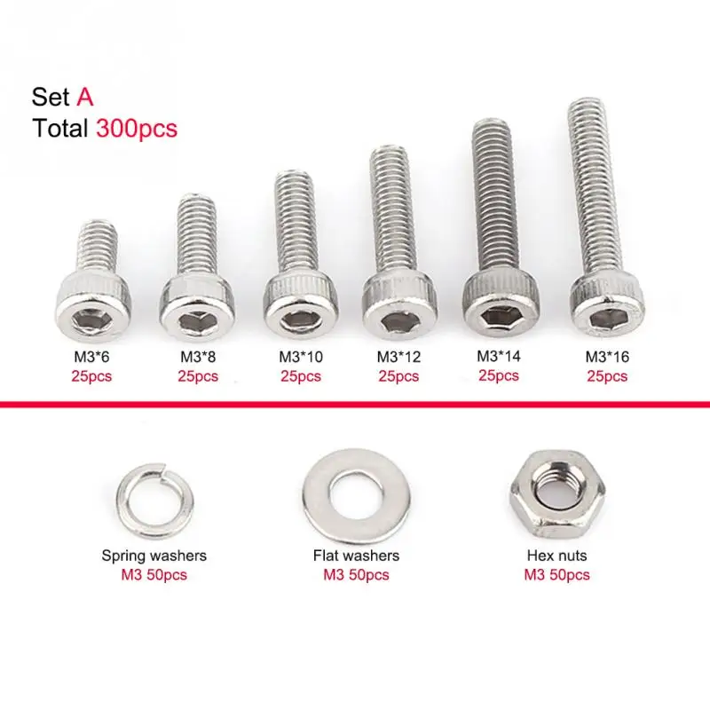 

M3-M8 Stainless Steel SS304 Screw Bolt Nut Hex Socket Cap Head Screws with Hex Nut Washers Assortment Kit parafuso