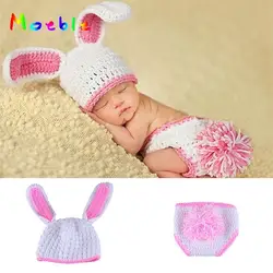 Белый и розовый для маленьких девочек костюм кролика крючком новорожденный кроличья шапка и пеленки Набор трикотажные новорожденных
