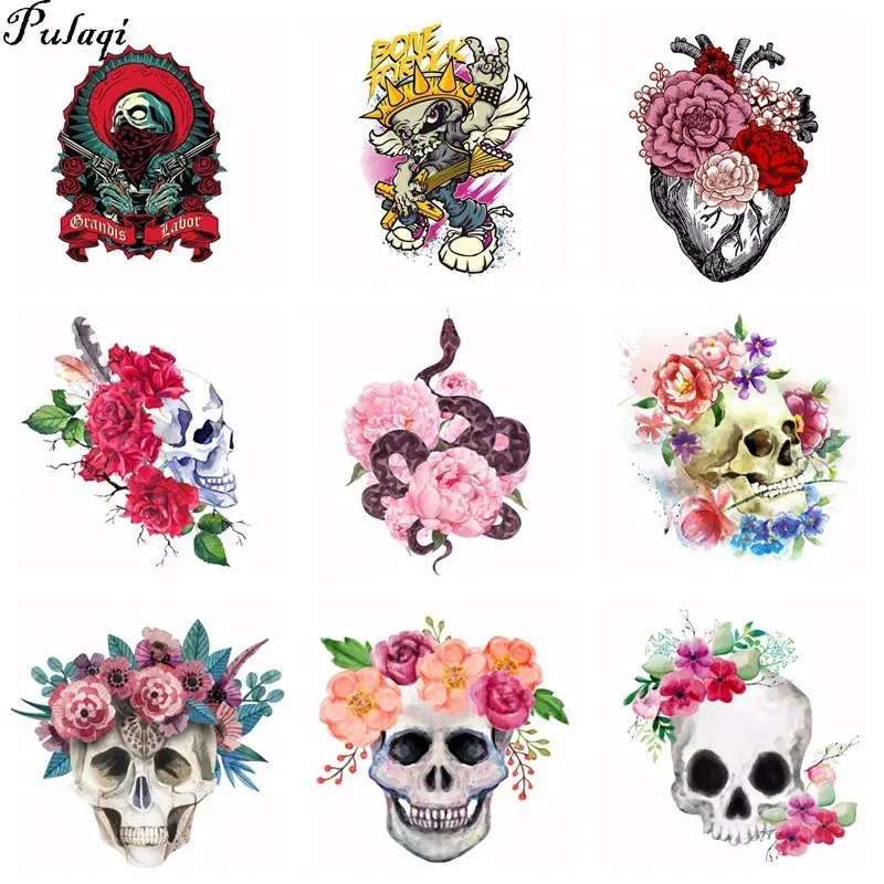 

Pulaqi Snake Flower Patches T-shirt Press Sticker Skull Punk Heart Rock Clothes Decoration Easy Print By Household Appliques H