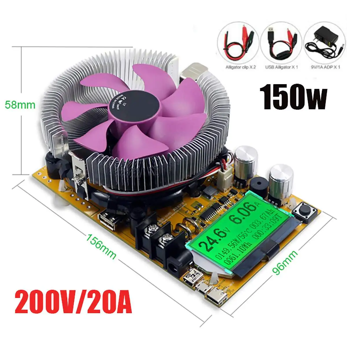 

150W Digital Battery Capacity Tester USB Adjustable Constant Current Electronic Load Charger Indicator 20A 200V