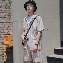 Рубашки+ шорты) летние мужские трусы с квадтратным принтом короткий рукав костюм футболка с шортами наборы мужская одежда спортивный костюм плюс размер m-xl