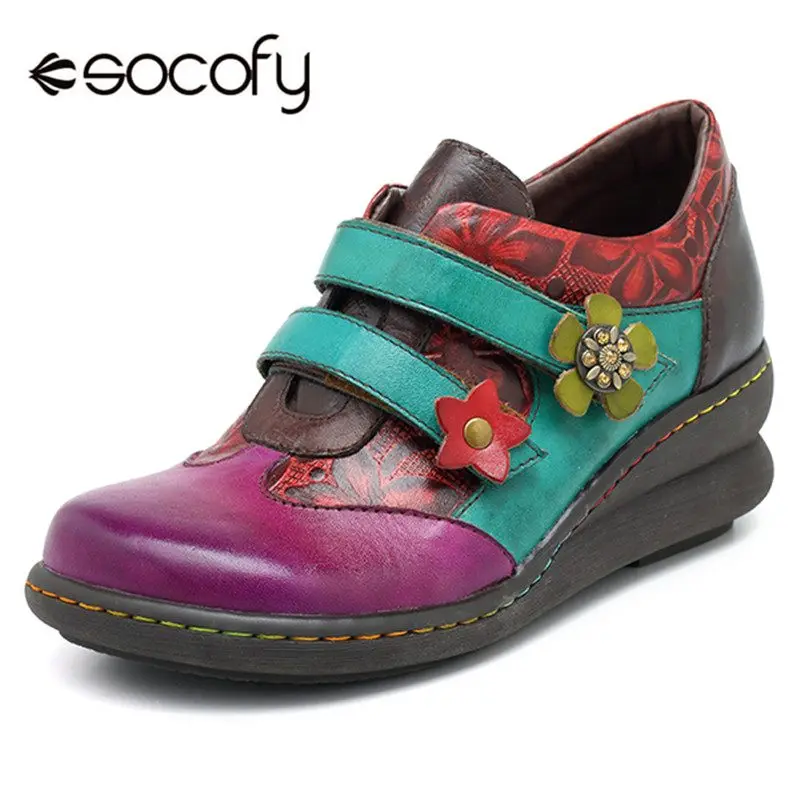 

Socofy Retro Platform Shoes Women Genuine Leather Hook&Loop Wedge Heels Sneakers Bohemian Vintage Casual Shoes Woman Zapatos New