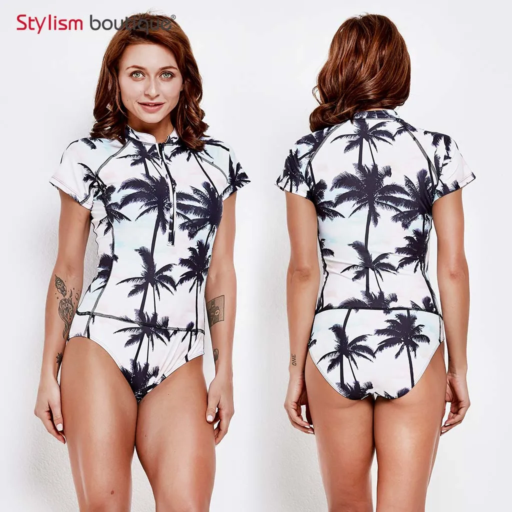 الأزهار المطبوعة قطعة واحدة ملابس السباحة تصفح Rashguard قصيرة الأكمام ملابس السباحة طفح الحرس المرأة البريدي ثوب السباحة 2019