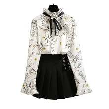 2019 Spring New Design Women Sweet Floral Chiffon Blouse Top & Pleated Skirts Two-Piece Outfit Print Bow Shirt 2019 Spring New Design Women Sweet Floral Chiffon Blouse Top & Pleated Skirts Two-Piece Outfit Print Bow Shirt