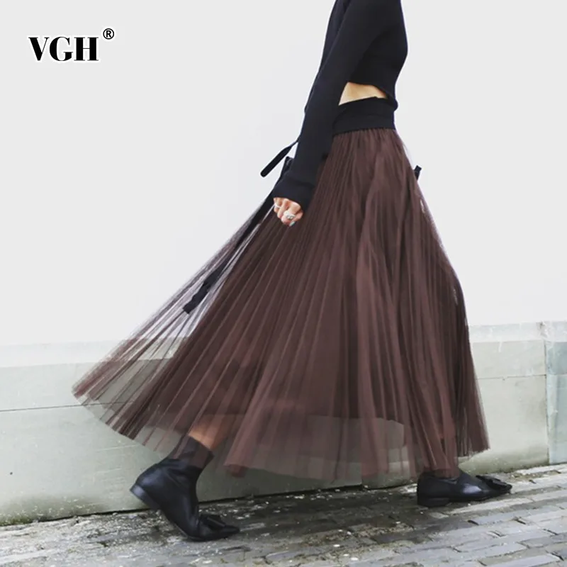 VGH Женская юбка свободные негабаритных трапециевидной формы до щиколотки сетки лоскутное сетки длинные юбки для женщин Весна 2019 модные