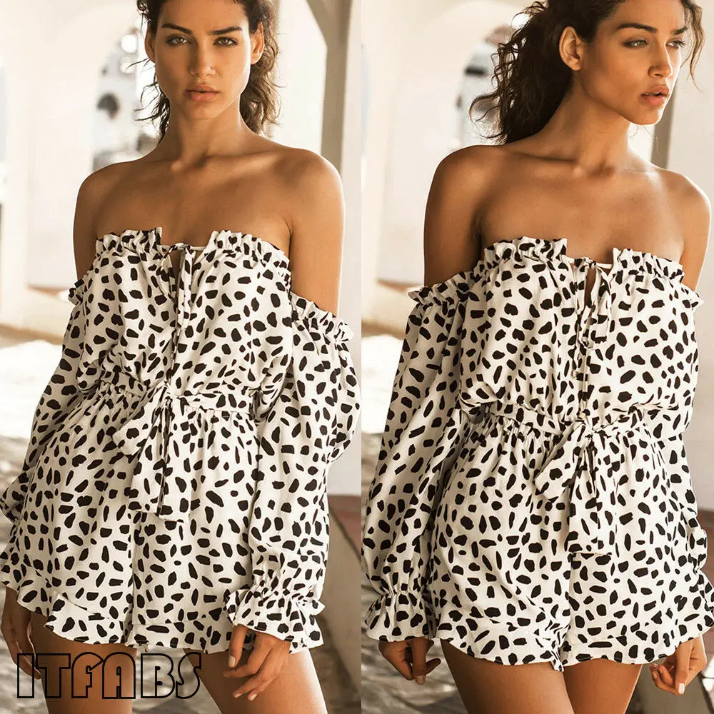 

2019 New Women Summer Off Shoulder Leopard Playsuit Bandage Waist Ruffle Jumpsuit Leotard Tops