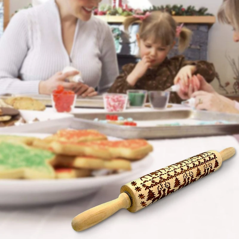 

Christmas Rolling Pin Engraved Carved Wood Embossed Rolling Pin Kitchen Tool, Cookies Embossing Patterned Roller for Fondant C