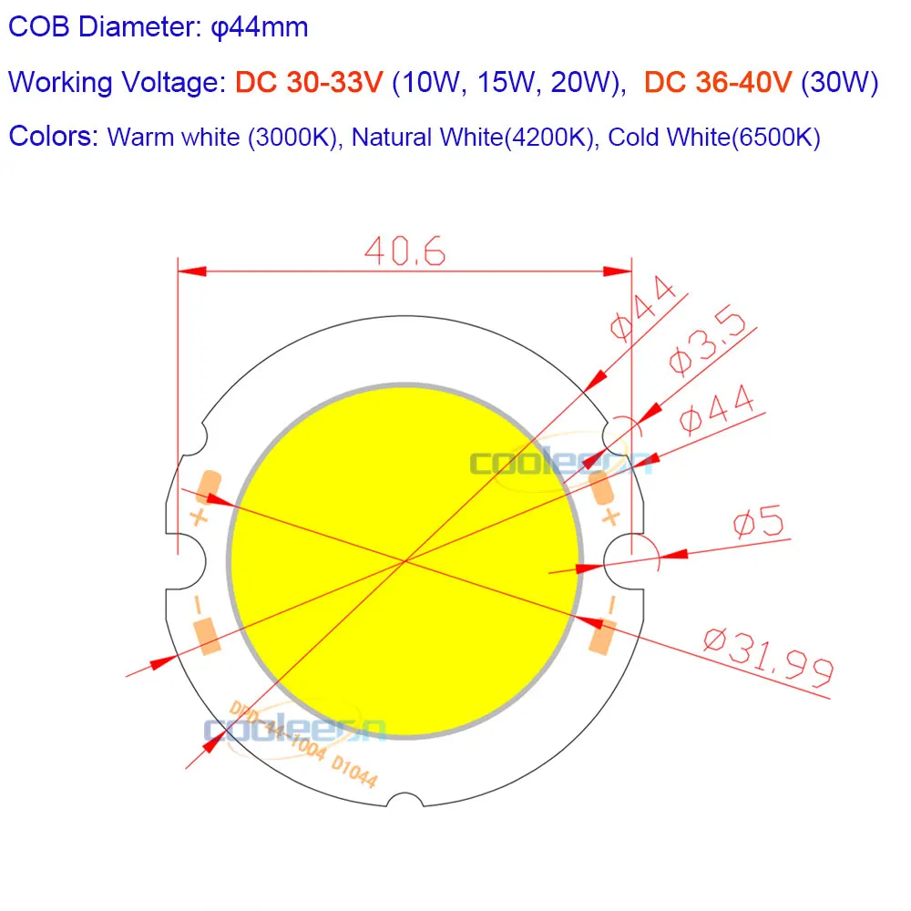 Светодиодная лампа на плате закругленный чип COB 44 мм источник света 10 Вт 15 20 30 в