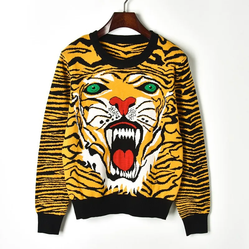 Fashion Tiger Head Pattern Women Sweater 2018 Winter Yellow Black Hit Color Leopard Jacquard Knit Cool Pullovers | Женская одежда