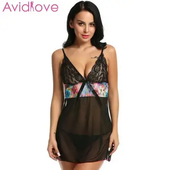 

Avidlove Multi-color Sleepwear Sexy Lingerie Women Sexy Dress Strap Sheer Hollow Lace Sleepwear Nightwear with G-string