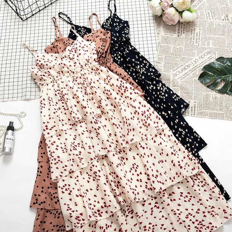 

Beach Bobo Maxi Dress Women Camis Heart Pattern Cake Layer High Waist Black A-line Camisole Dress Vestidos