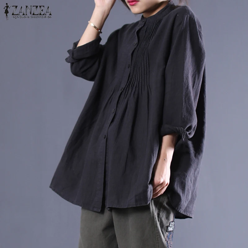 

Top ZANZEA Women Blouse Long Sleeve Tunic Tops Shirt Casual Pleated Blusas Ladies Mandarin Work Shirts Womens Clothing Plus Size