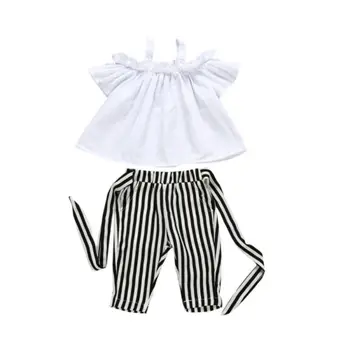 

Stylish Baby Girls 2Pcs Set Clothing Solid Toddler Ruffles Shirt Tops+Long Striped Belt Pants Summer Kids Pudcoco Outfits 2019