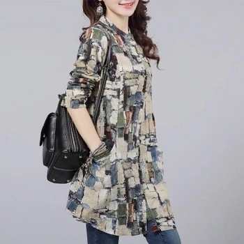 #3026 New 2020 Tie Dye Print Cotton Linen Long Shirt For Women Elegant Vintage Blouse Plus Size Retro Shirt Female Long Sleeve plus size bowtie tie dye handkerchief t shirt