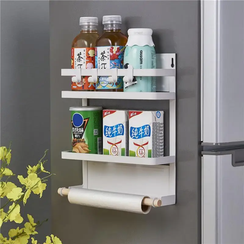 

Kitchen Magnetic Storage Rack Refrigerator Shelf with Hooks Snacks Holder Organizer for Spice Jars Paper Towel (White)