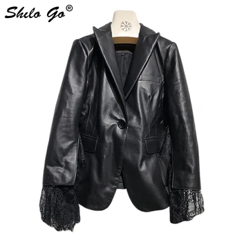 

Streetwear Leather Coat Women Spring Lace Cuff Single Button Sheepskin Leather Jacket Concise Turn Down Collar Female Jacket