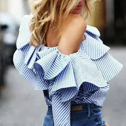 Women's Blouse Striped Plaid One Shoulder Ruffle OL Long Sleeve Summer Shirts Loose Casual Tops Women's Blouse Striped Plaid One Shoulder Ruffle OL Long Sleeve Summer Shirts Loose Casual Tops