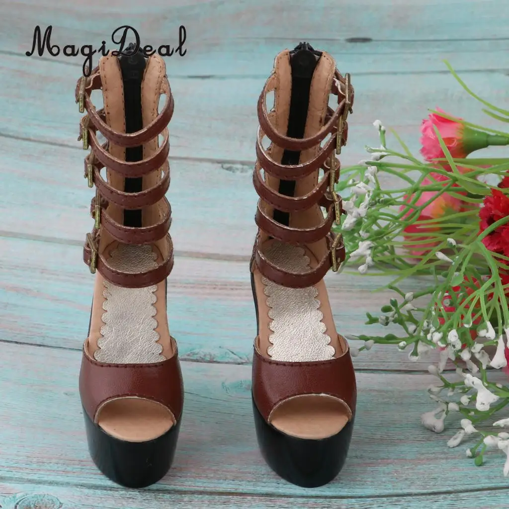 

1/3 BJD High Heels Shoes Ankle Strape Shoes for SD Shoes With 5 Round Shape Buckles Brown