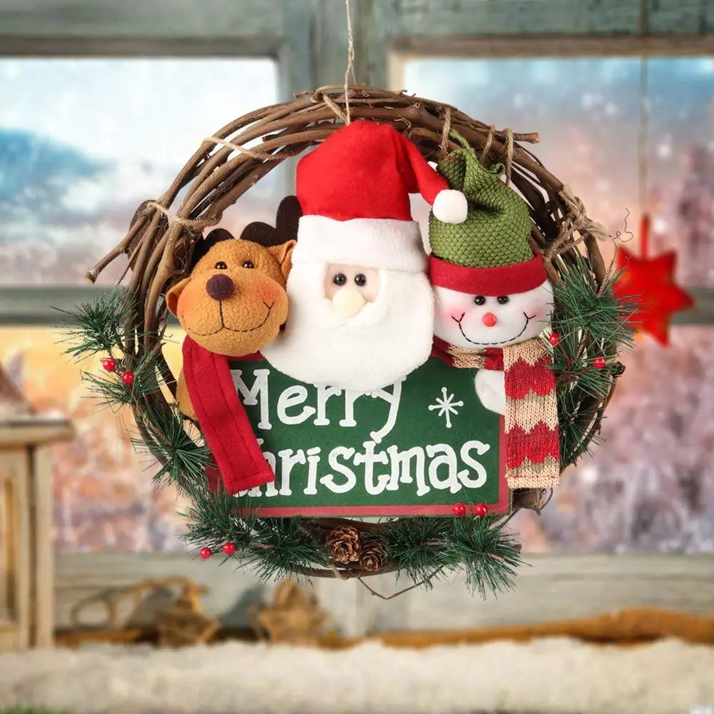 

33cm Merry Christmas Wreath Decor Grapevine Wreath Front Door Wreaths Reindeer Snowman Santa Claus