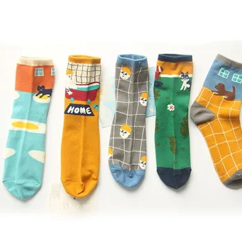 

PEONFLY Fashion Printed Cartoon Home Dog Egg Grass Personality Lattice Socks Woman Funny Casual Ventilation Cotton Socks Autumn