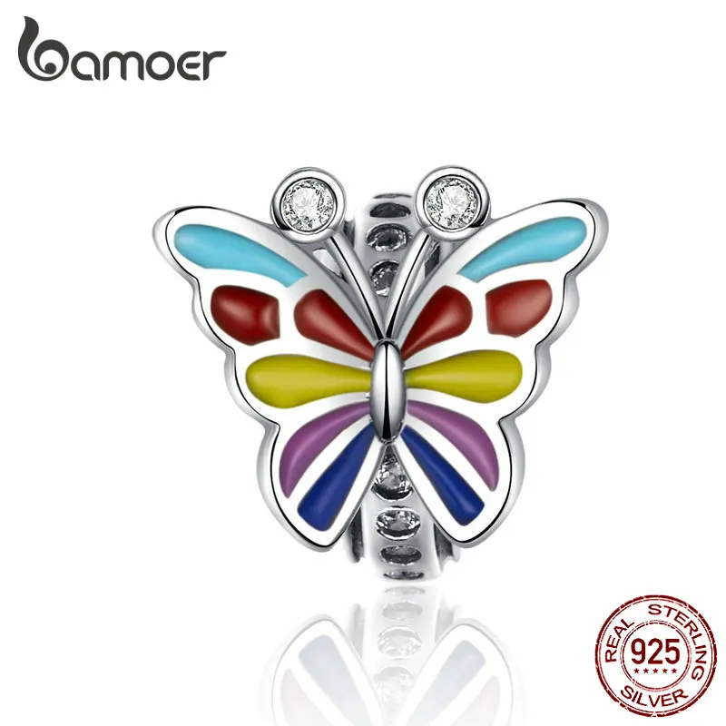 

BAMOER Colorful Butterfly Charms 925 Sterling Silver Enamel Charm for Women Luxury Brand Snake 3mm Bracelet Fine Jewelry SCC1195