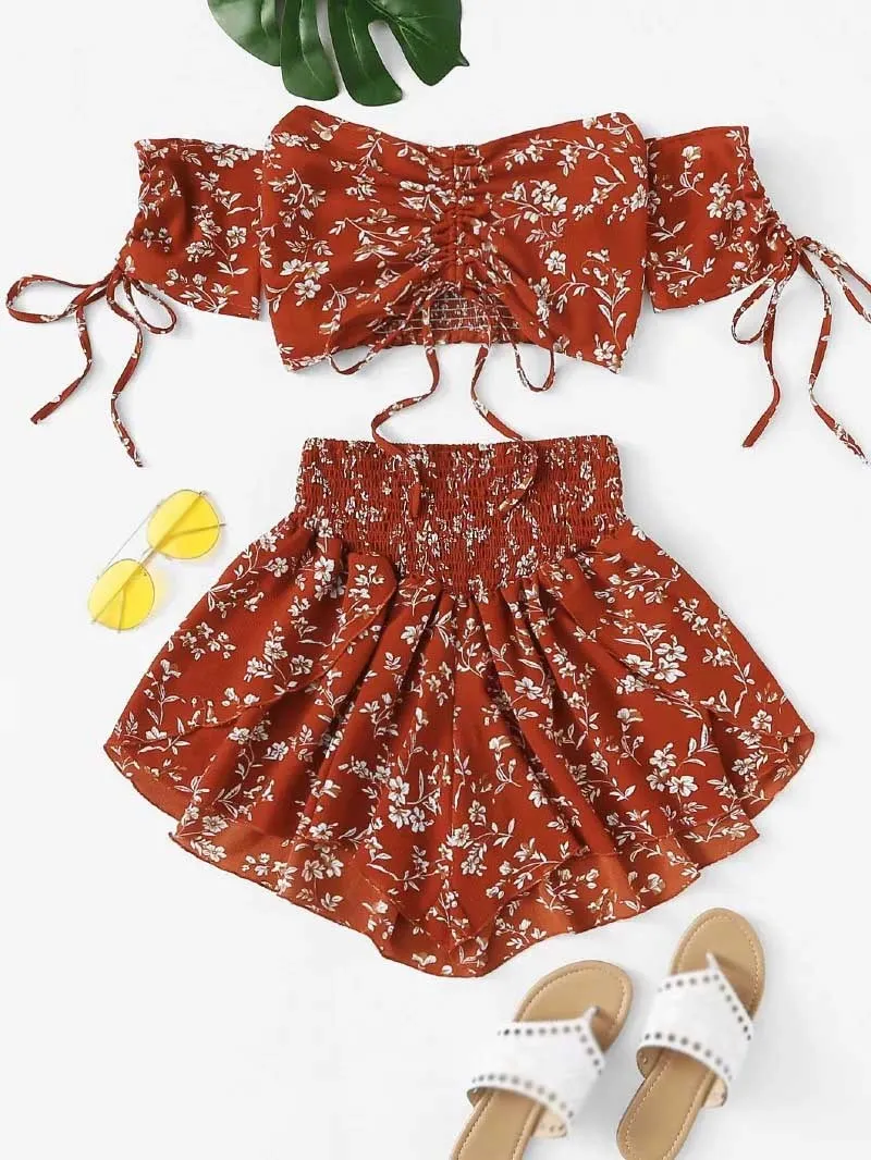 

Summer Boho Women Shorts Set Off Shoulder Short Sleeves Crop Top Slash Neck Cinched Floral High Waist Beach Set