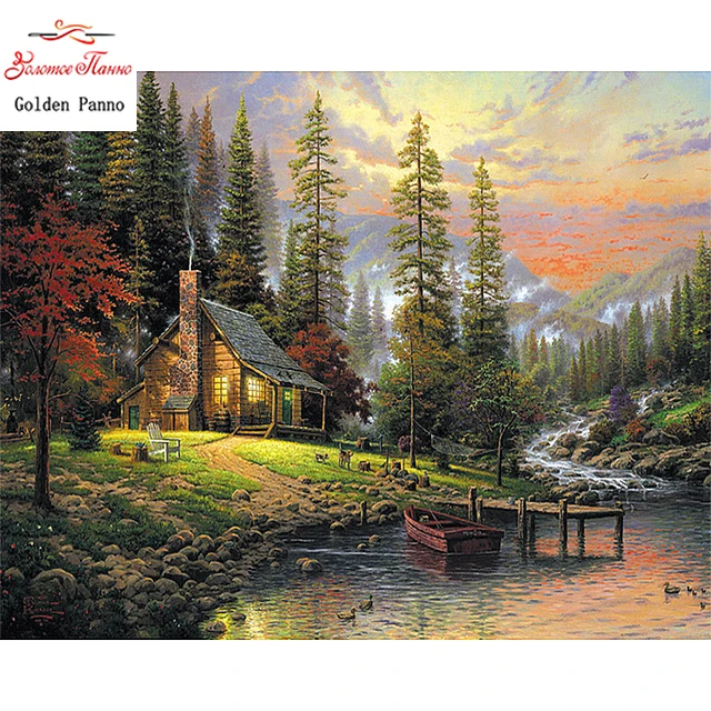 Golden Panno 5D DIY Square Diamond Riverside Cabin Landscape Embroidered Cross-stitch Rhinestone Mosaic Decorative Painting | Дом и сад