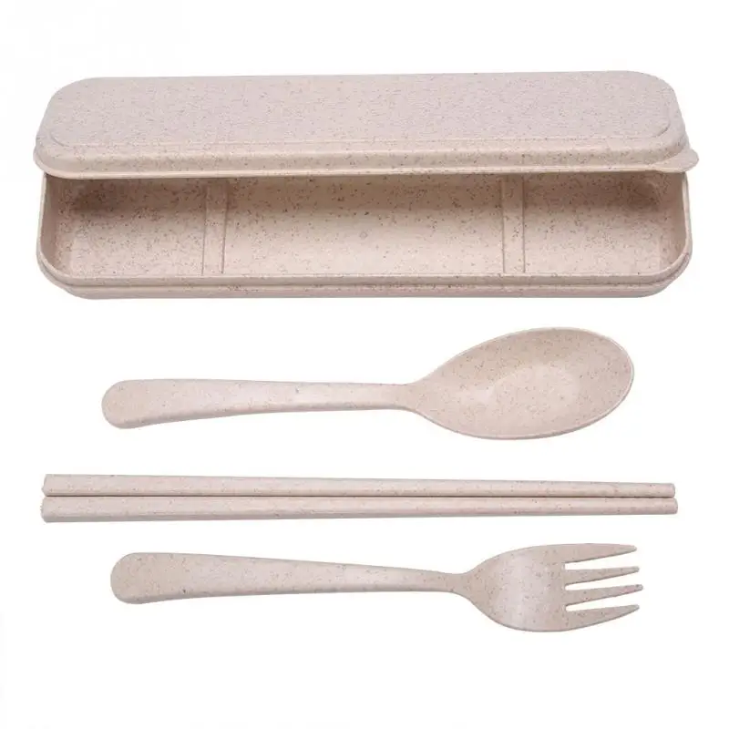 

3PCS Portable Wheat Straw Flatware Spoon Fork Chopsticks Tableware Set Dinnerware Durable Travel Box