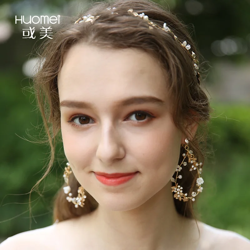 

D2285 Or Beautiful Bride Headwear Manual Hair Band Earrings Twinset Original Design Marry Ornaments