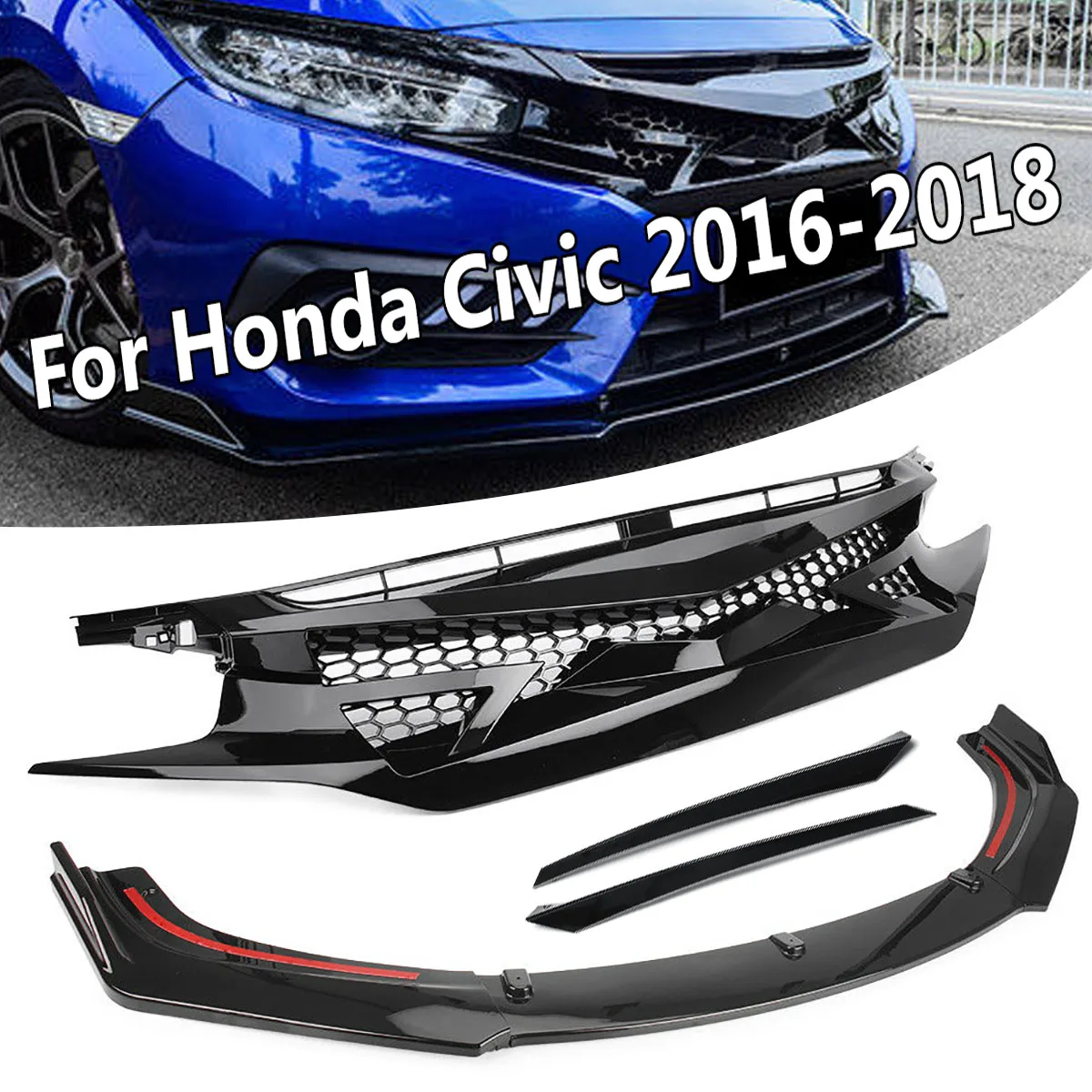 

6pcs Black Front Bumper Cover Trims Front Grill Center Grille Set Headlight Sticker Hood Mesh for Honda for Civic 2016-2019