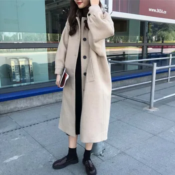 

U-SWEAR Autumn Winter Wool Blend Coat Women Long Sleeve Single-breasted Jacket Casual Woolen Outwear Apricot Overcoat Abrigos