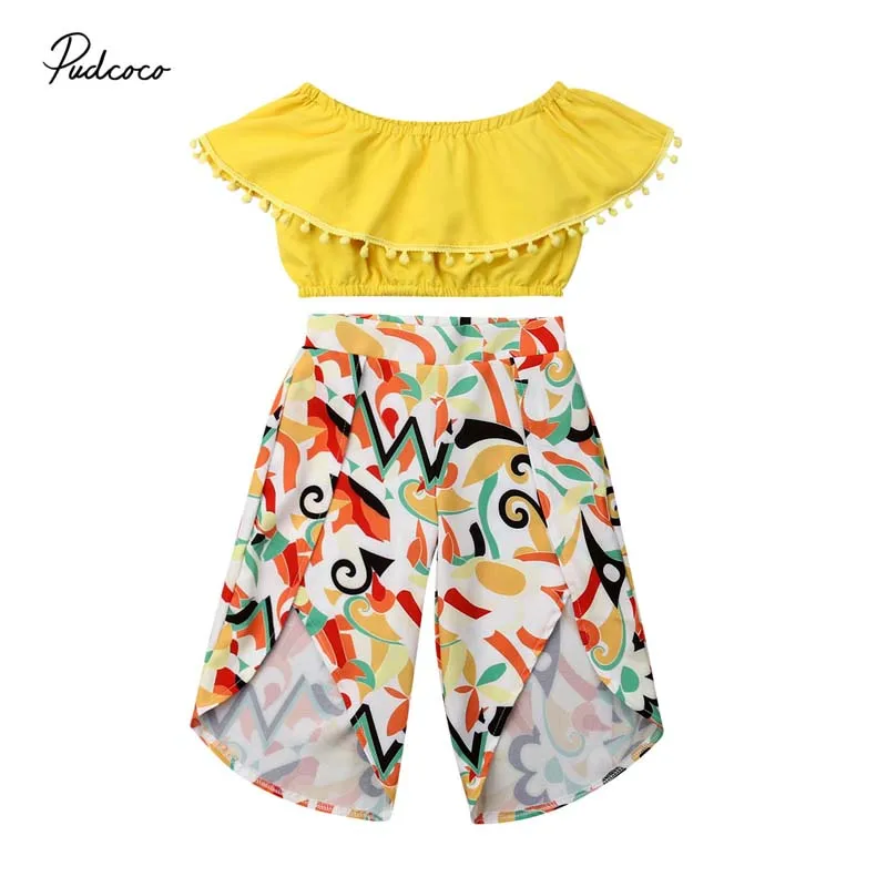 

2019 Brand Summer Kid Toddler Girl Clothes Set Boho Ruffle Tassel Short Crop Tops T-Shirt+Floral Fare Pants Holiday Outfit 2Pcs