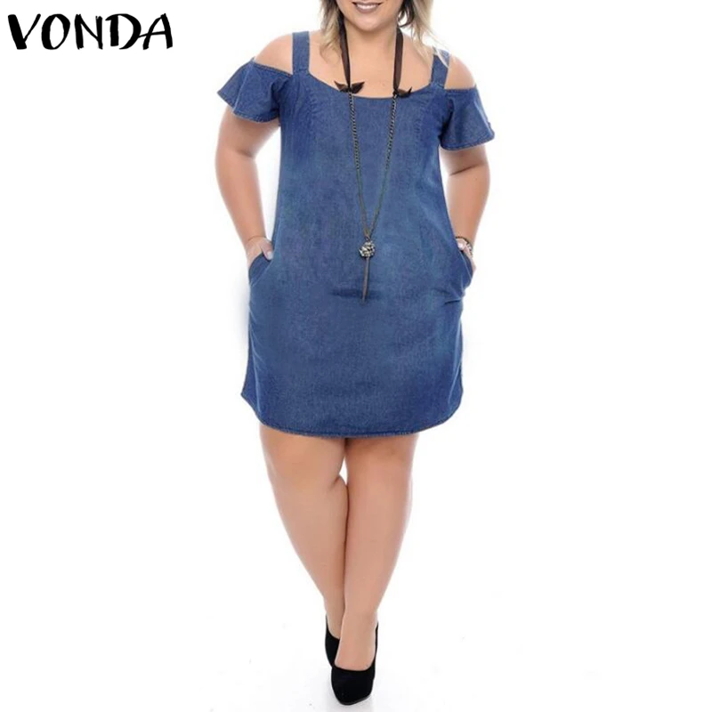 

New Arrival Women Denim Dress 2019 Summer Casual Loose Plus Size Vestidos Sexy Ruffles Off Shoulder Short Sleeve Dresses VONDA
