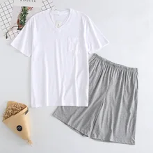 Новая мужская тонкая летняя футболка, хлопковая трикотажная Мужская одежда для сна, топ с коротким рукавом и шорты, комбинация, пижама с v-образным вырезом, домашняя пижама
