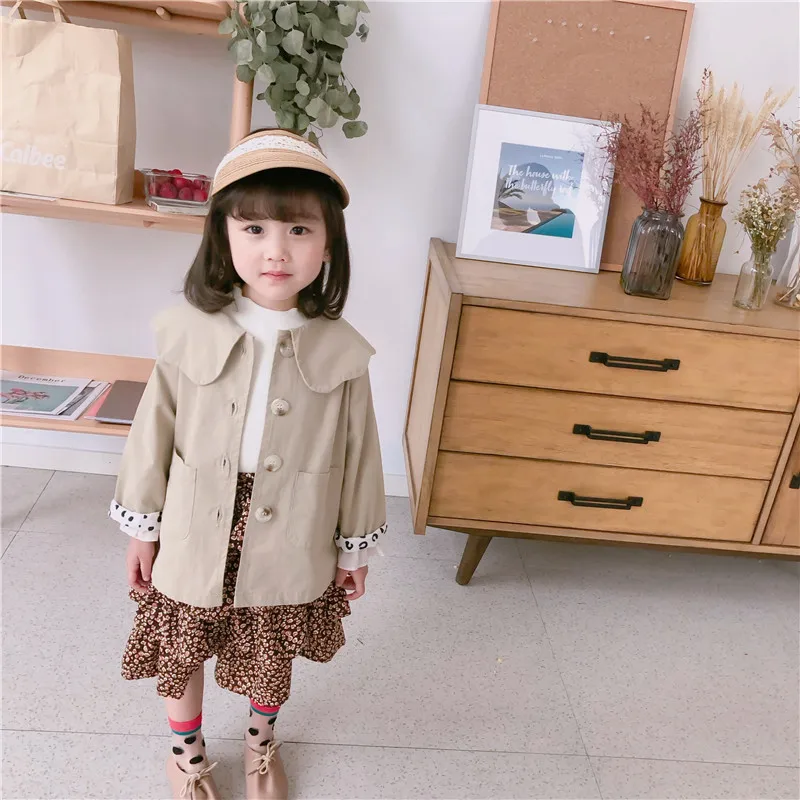 

Girls coat spring autumn new 2019 cotton baby fashion petal collar windbreaker long sleeve single-breasted children's clothing