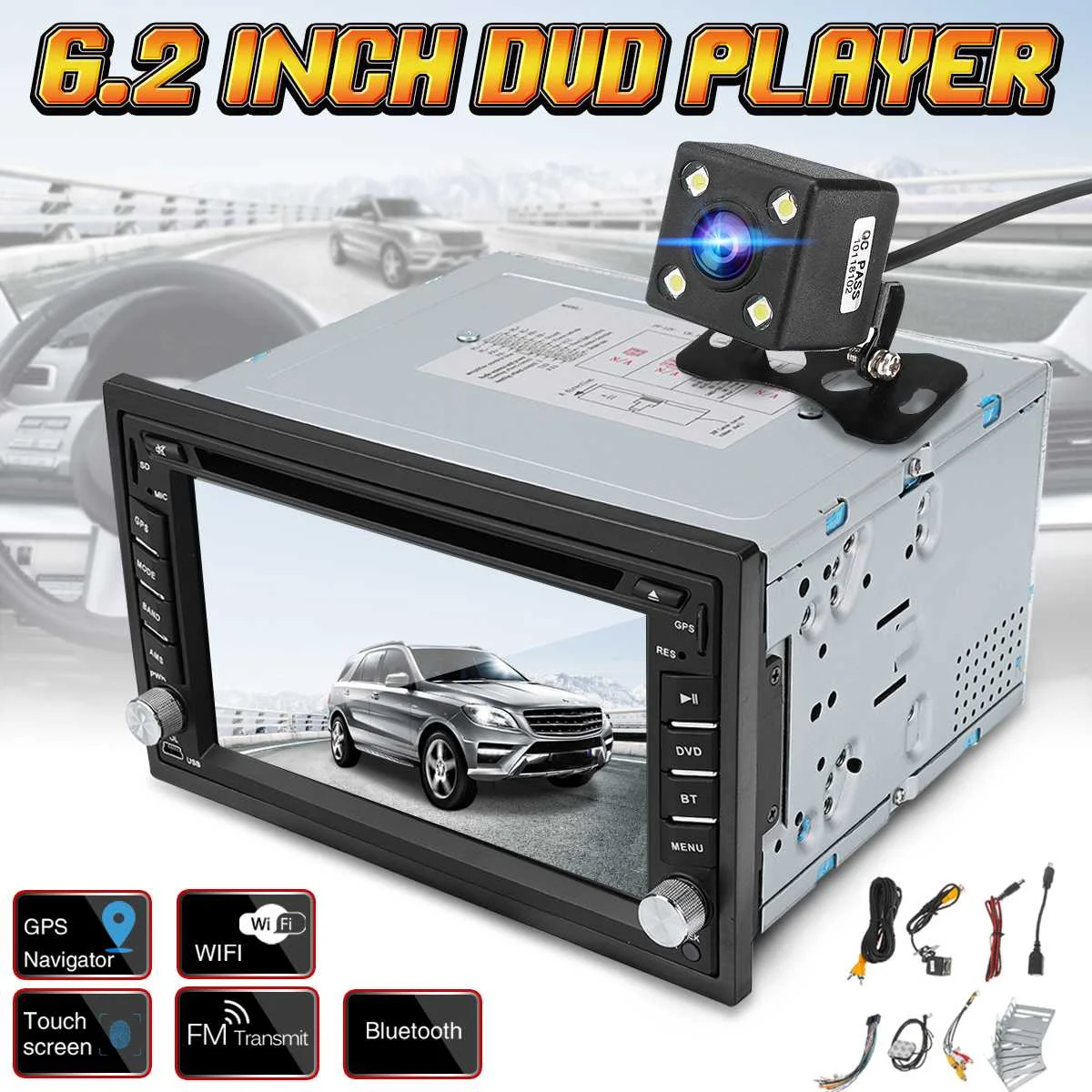 

Universal DC12V 6.2 2 DIN Car DVD CD Player Auto Radio 1080P MP5 Player TF bluetooth USB FM Player And Rear Camera