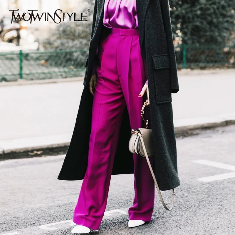 TWOTWINSTYLE Long Pants Female High Waist Solid Straight Trousers For Women Large Size Casual Fashion 2020 Spring Clothes New | Женская