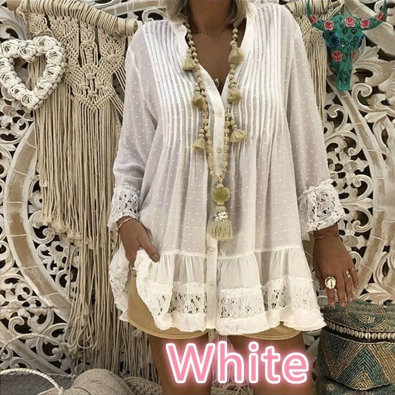 S-5XL Plus Size Women Loose Blouses 2019 Summer Solid Lace Patchwork Chiffon V-Neck Shirts Causal Female Vintage Oversized Tops