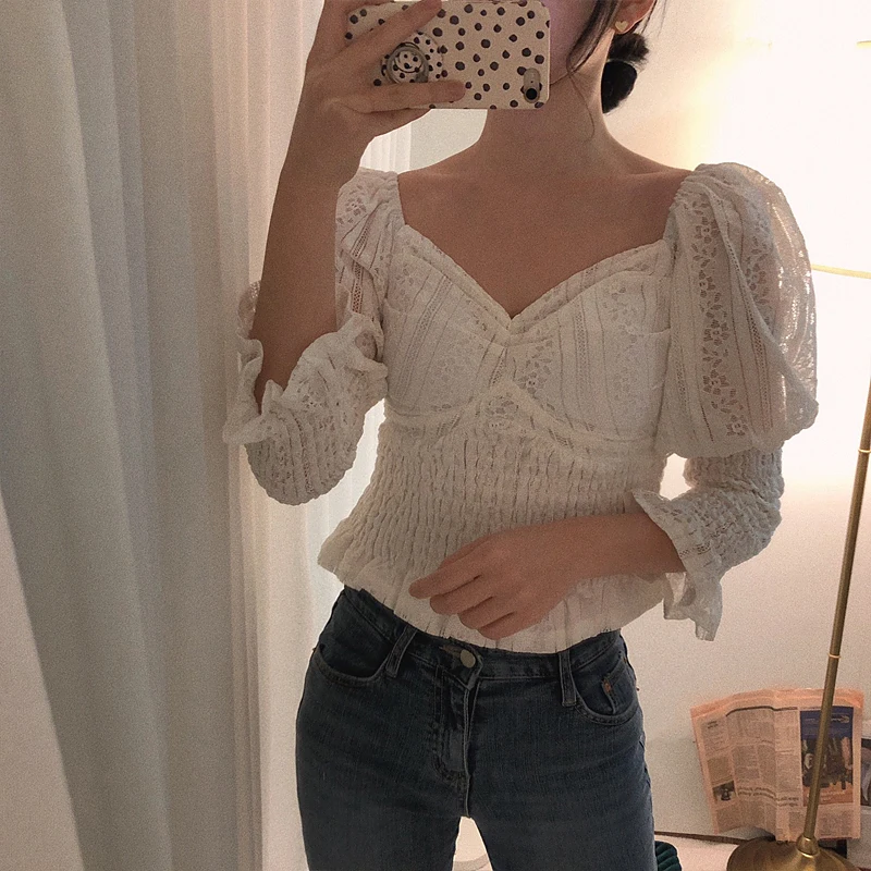 

Sweet Lace Blouse White Vintage Sexy Cold Shoulder Tops Black Shirt Women Ladies Blouses Camiseta Mujer Shirts Camisas Spring