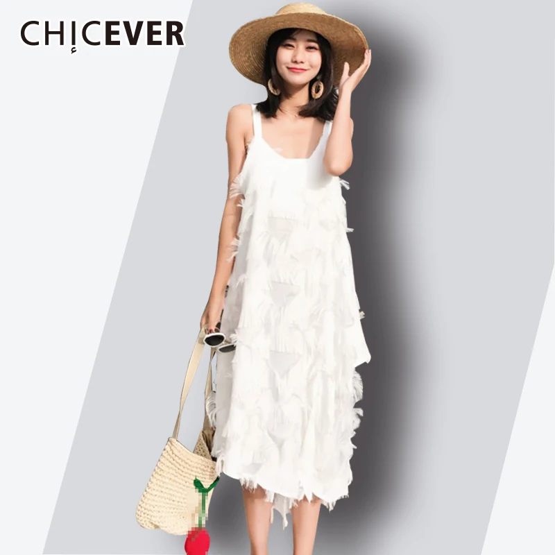 

CHICEVER Feathers Spaghetti Strap Beach Dresses For women O Neck Sleevless Asymmetrical Summer Dress 2019 Fashion Women Clothing