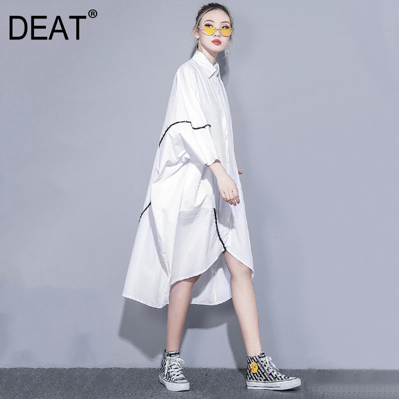 

[DEAT]2019 New Autumn Winter Lapel Long Batwing Sleeve Big Pocekt Spliced Irregular Big Size Shirt Dress Women Fashion Tide JR58
