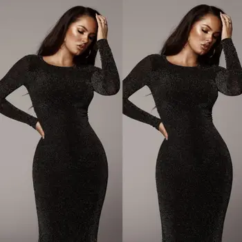 

Women Lady Spring Ladies Sexy Long Sleeves O-Neck Midi-Calf Pencil Shinny