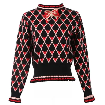 

Runway Design pull femme 2018 New Winter Turtleneck High Waist Bow Embroidery Knit Sweater Women Argyle Heart Pattern Top