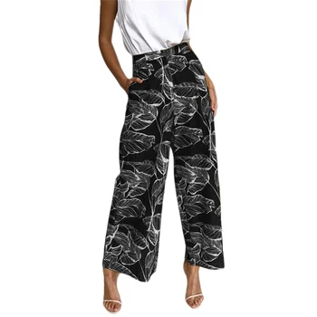 

NEW-New Women Casual Retro Leaf Floral Print Pants Bohemian Wide Leg Trousers High Waist Cozy Casual Loose Beach Pants